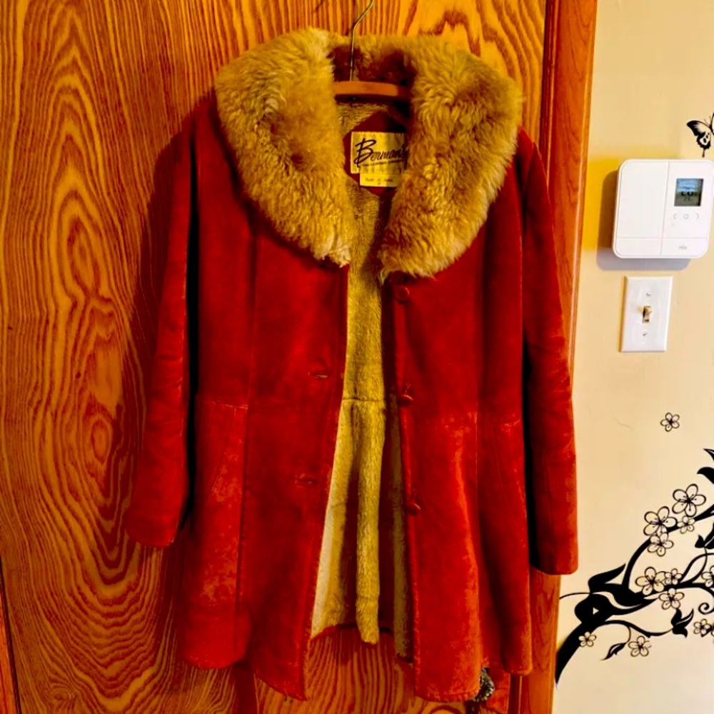 ISO genuine suede & fur red trench coat.